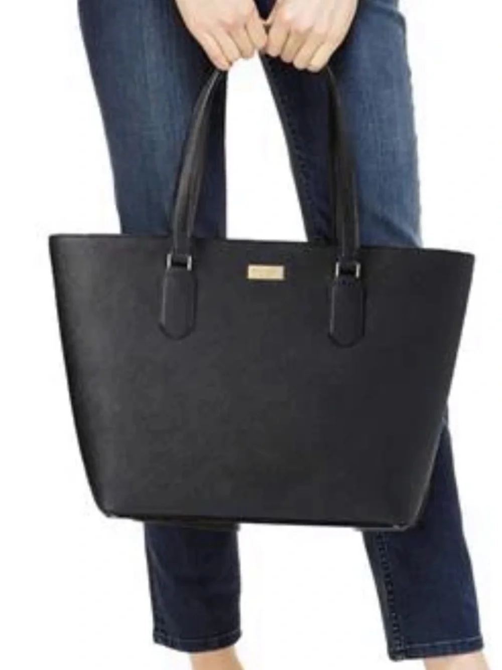 Kate Spade New York  Leather Cow Black Saffiano Tote with Gold Plaque‎